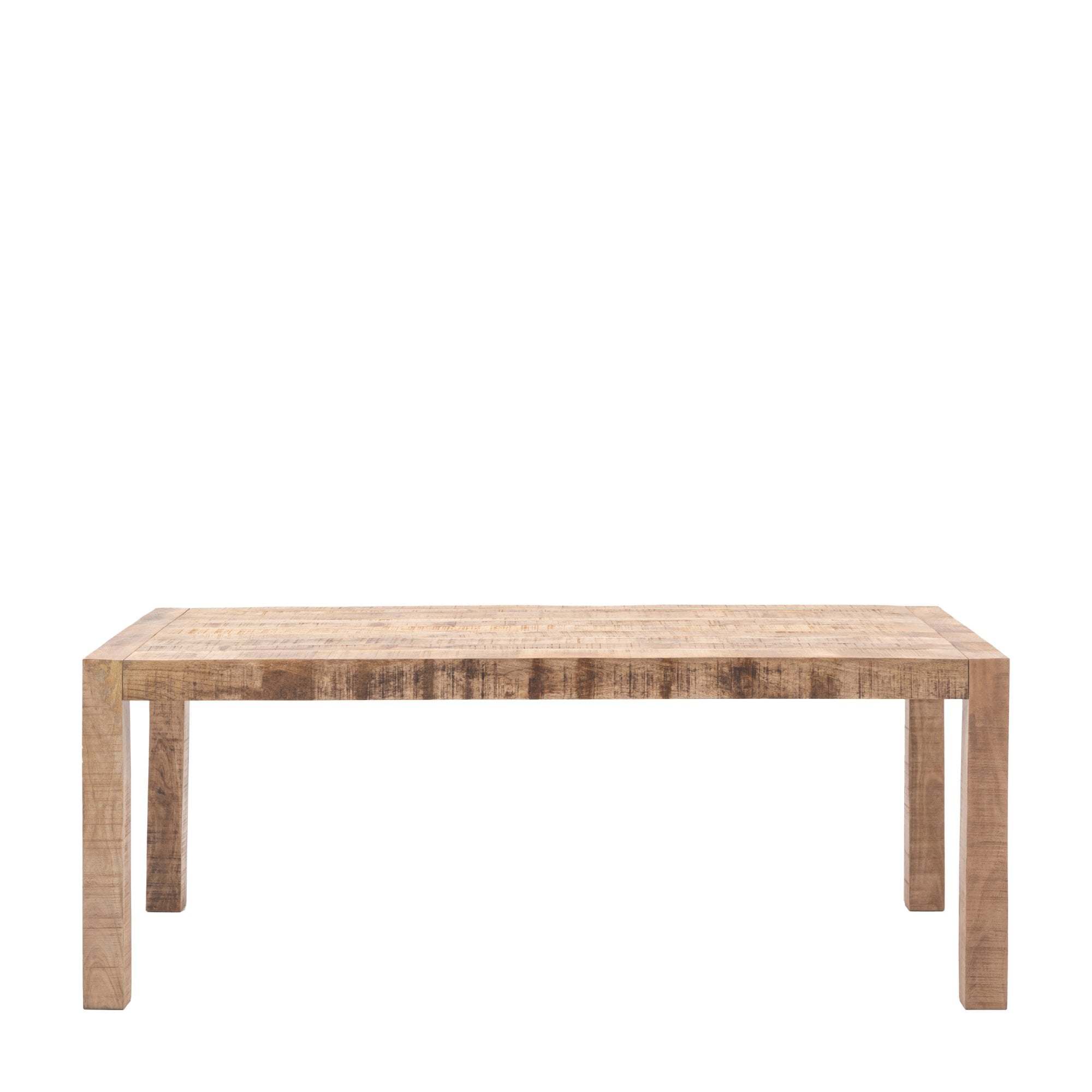 A light wood dining table with a simple, sturdy design on a white background.
