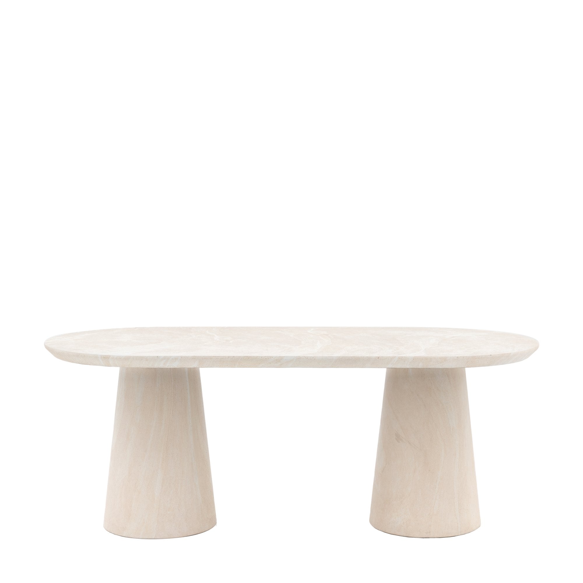 A light beige oval dining table with two sturdy conical bases on a white background.