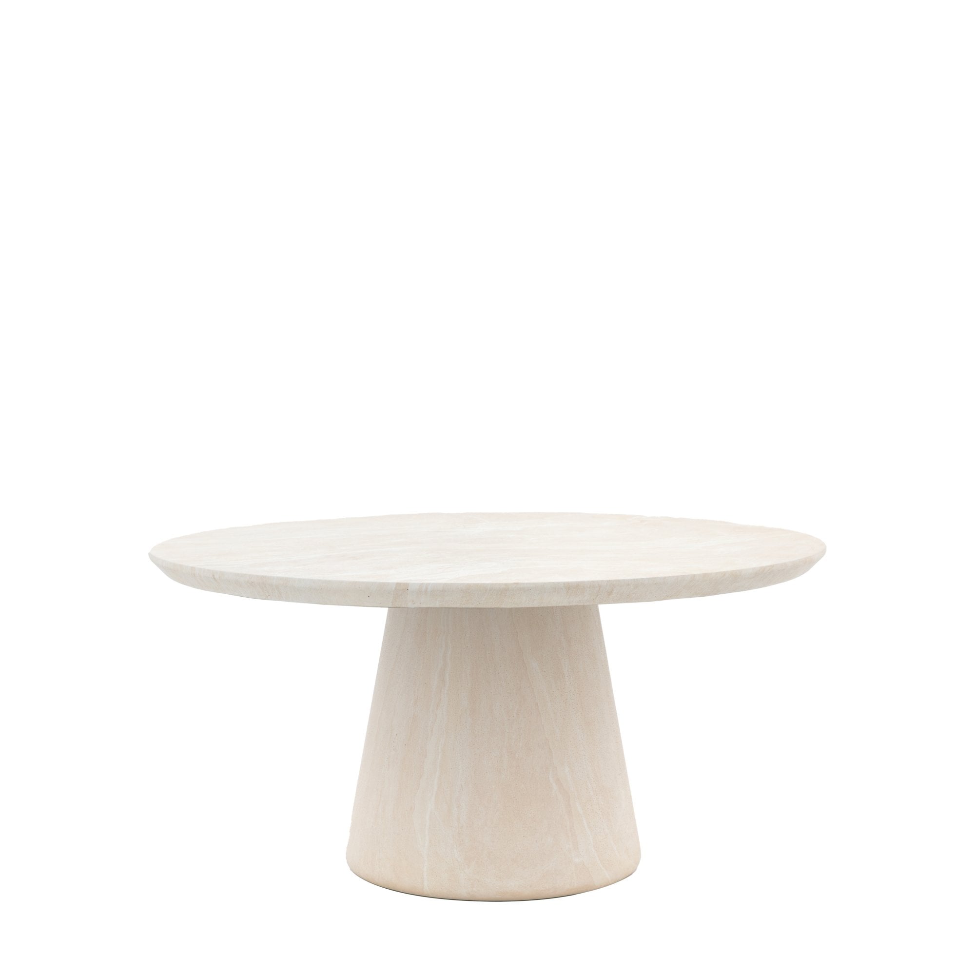A round travertine dining table with a conical base on a white background.