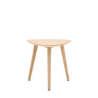 A light wood triangular side table with three legs on a white background.