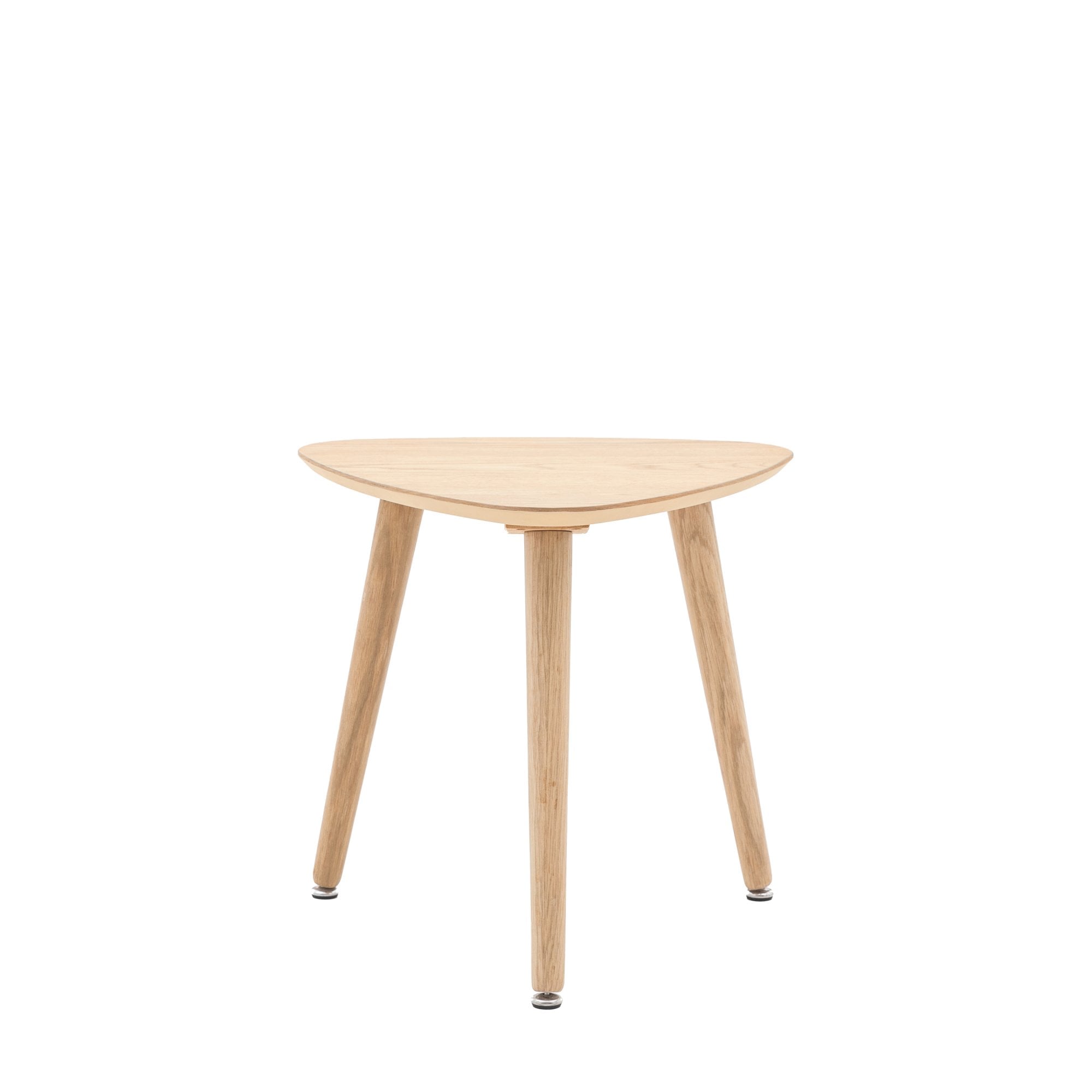 A light wood triangular side table with three legs on a white background.
