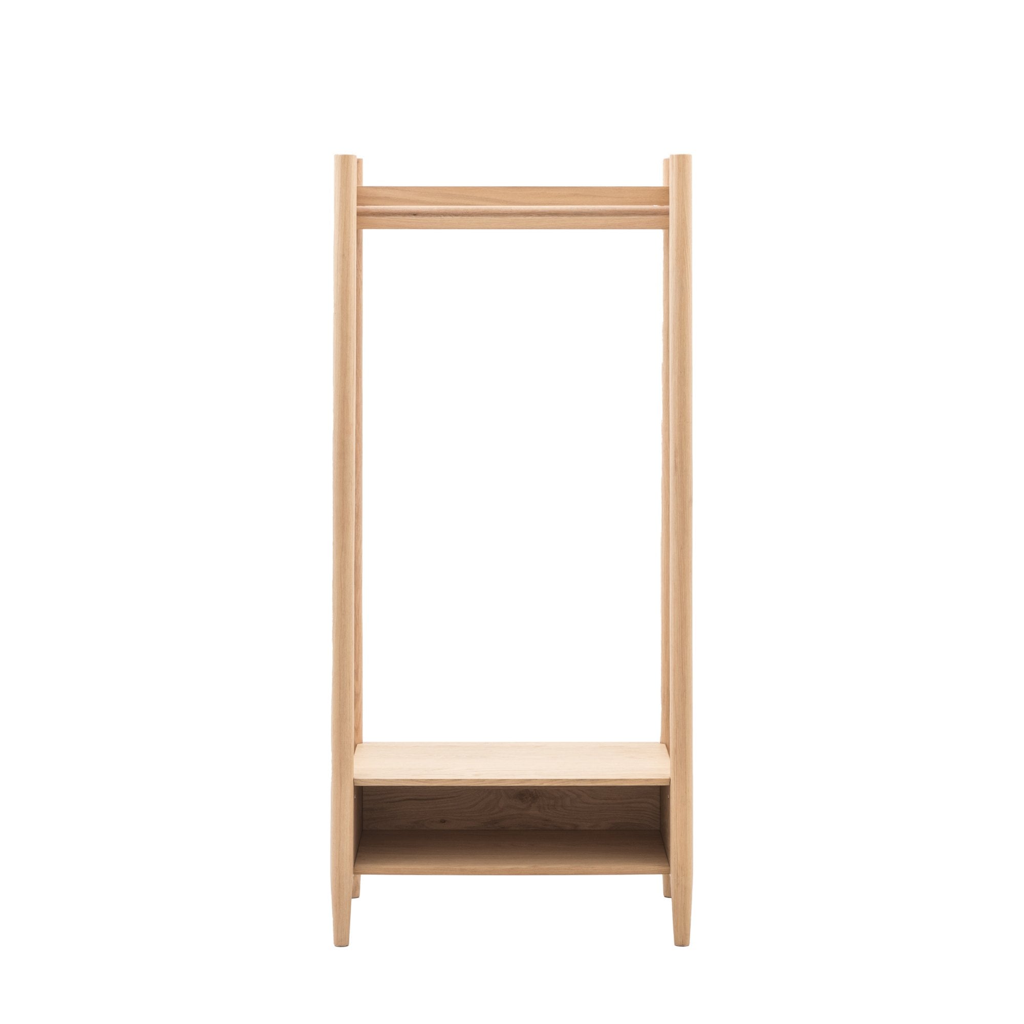 A minimalist wooden clothing rack with a top hanging bar and a lower shelf.