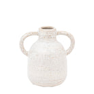 A small, off-white textured ceramic vase with two handles against a white background.