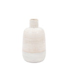 A beige glazed vase with a textured matte base on a white background.