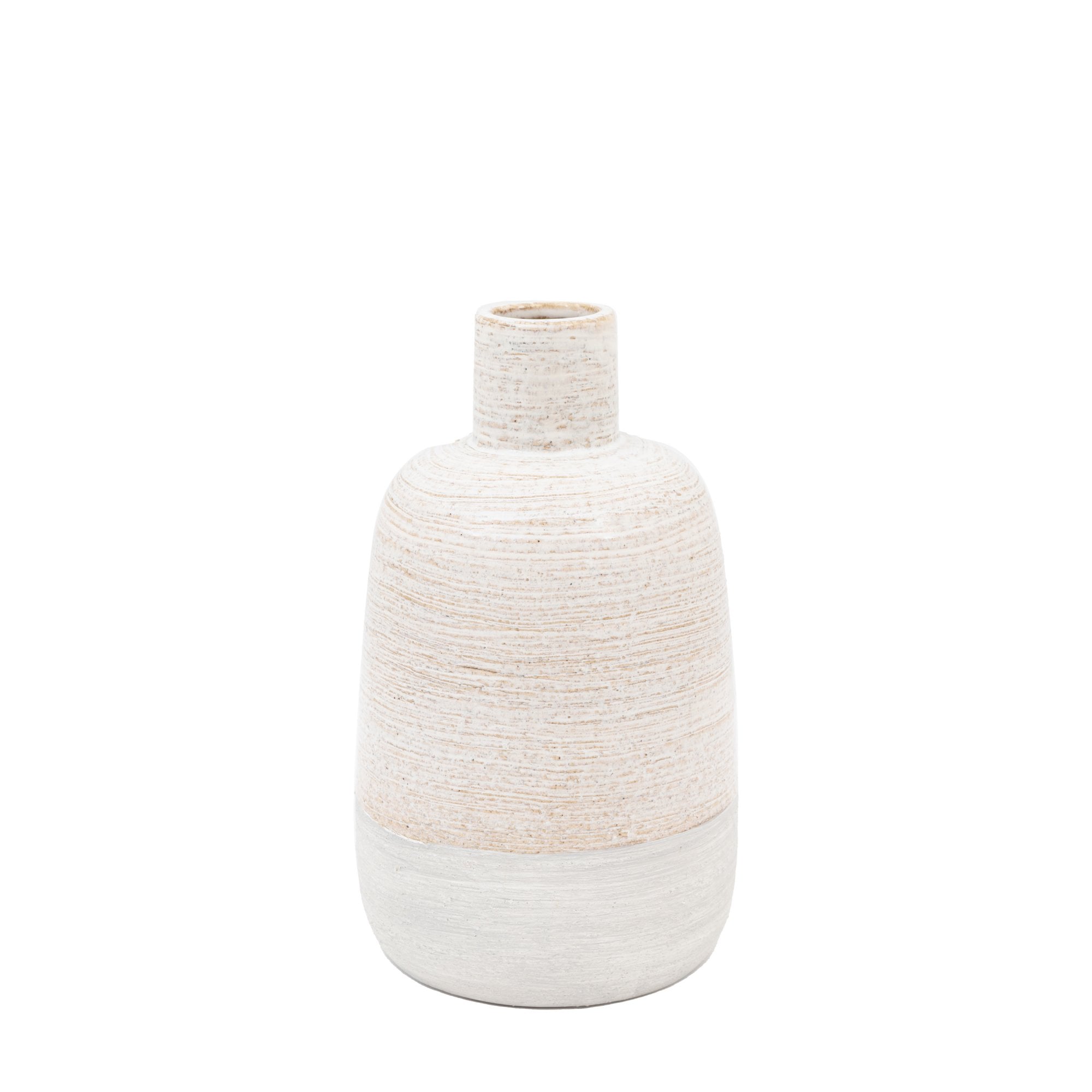 A beige glazed vase with a textured matte base on a white background.