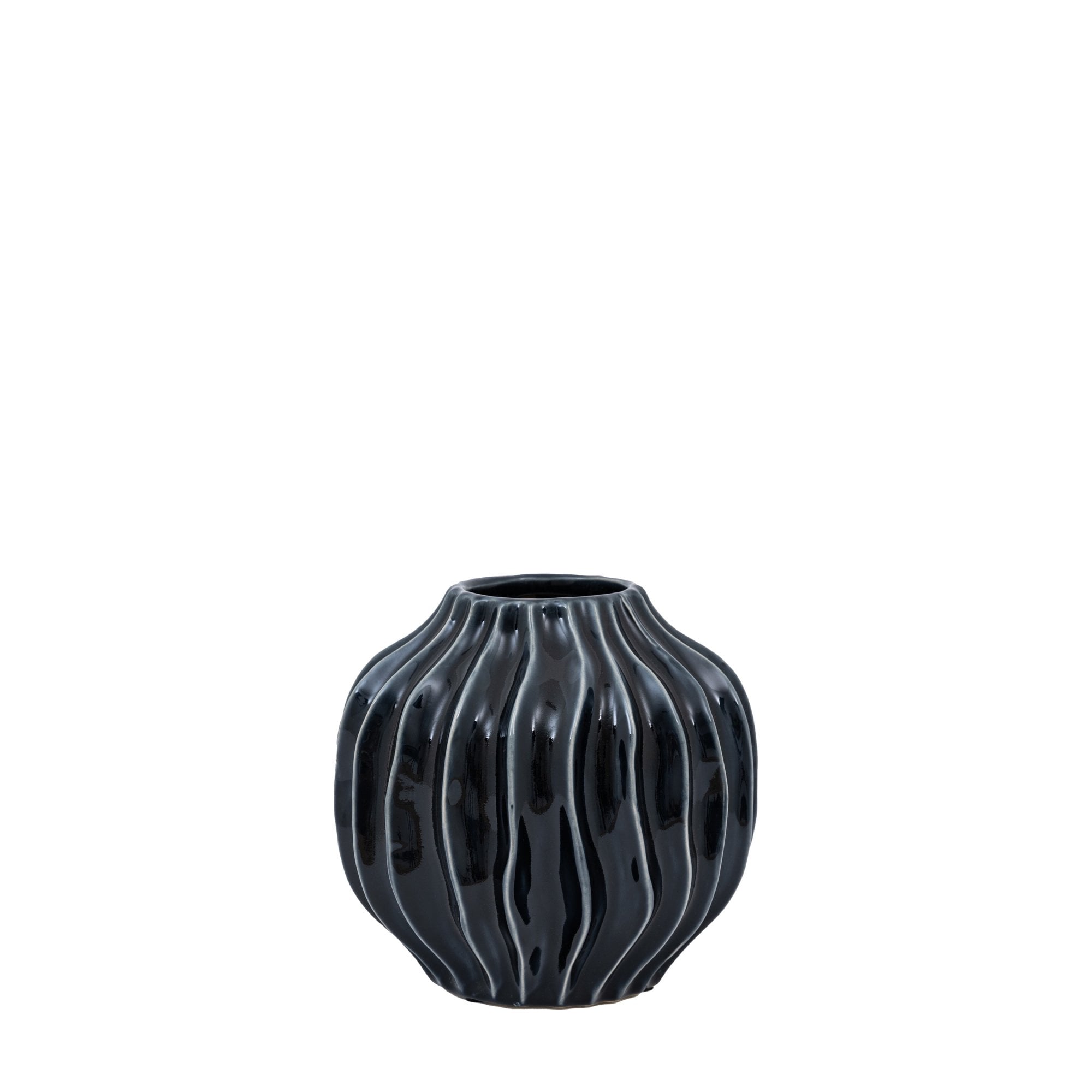 A short, black decorative vase with a wavy texture, presented on a white background.