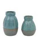 Two blue vases, one tall and one short, with horizontal stripes for home decor.