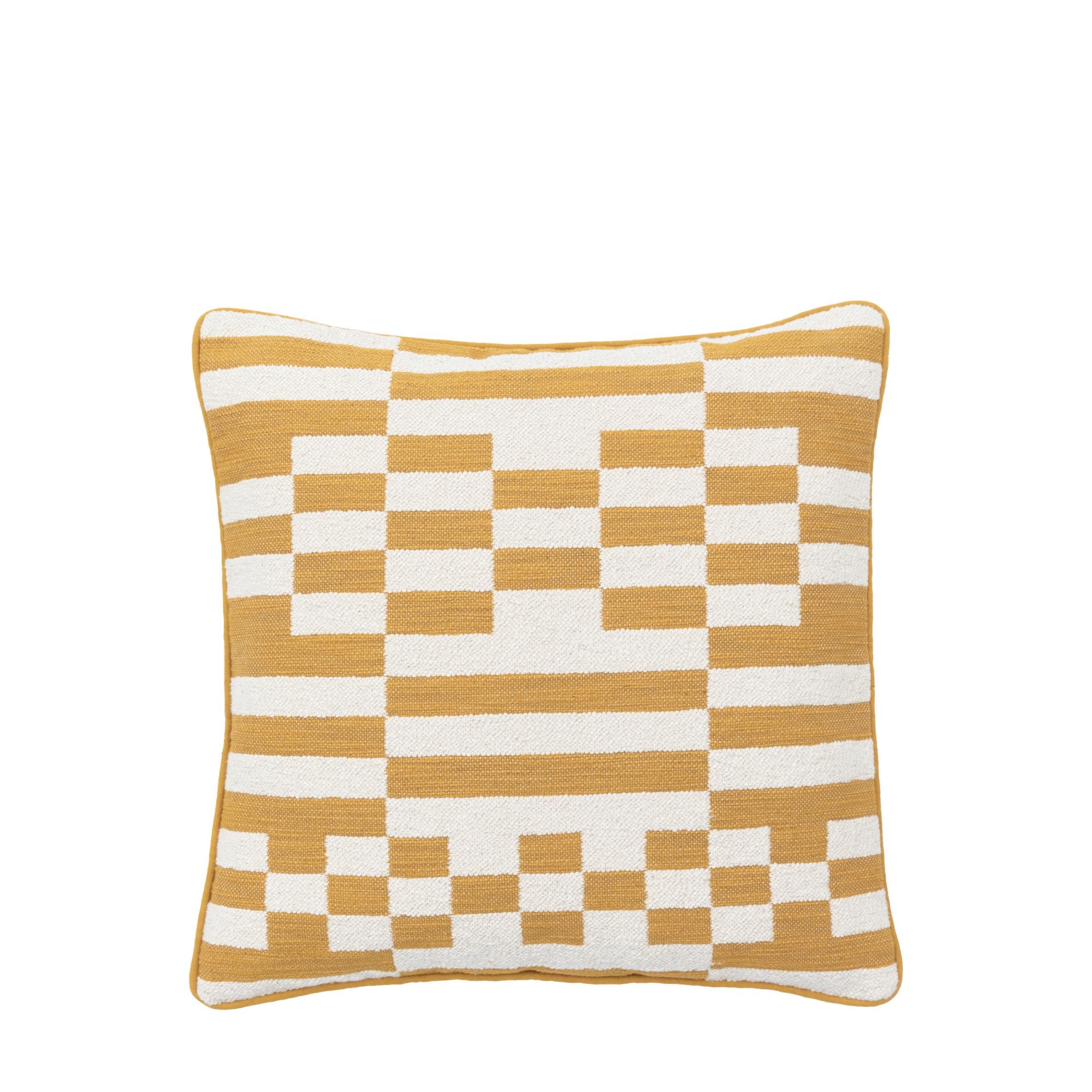 Decorative throw pillow with a geometric yellow and white pattern, front view.