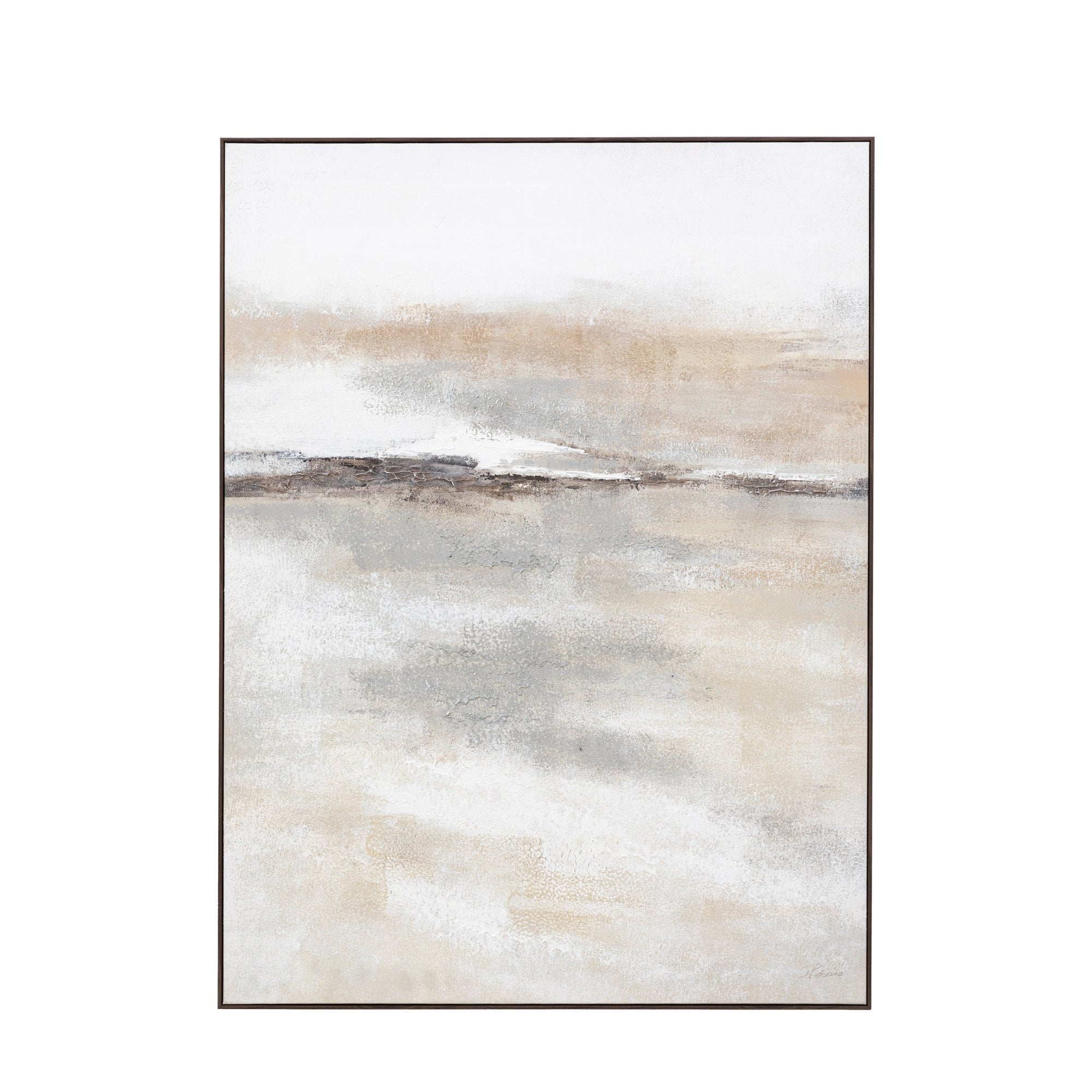Full view of an abstract painting with muted colors and a textured finish.