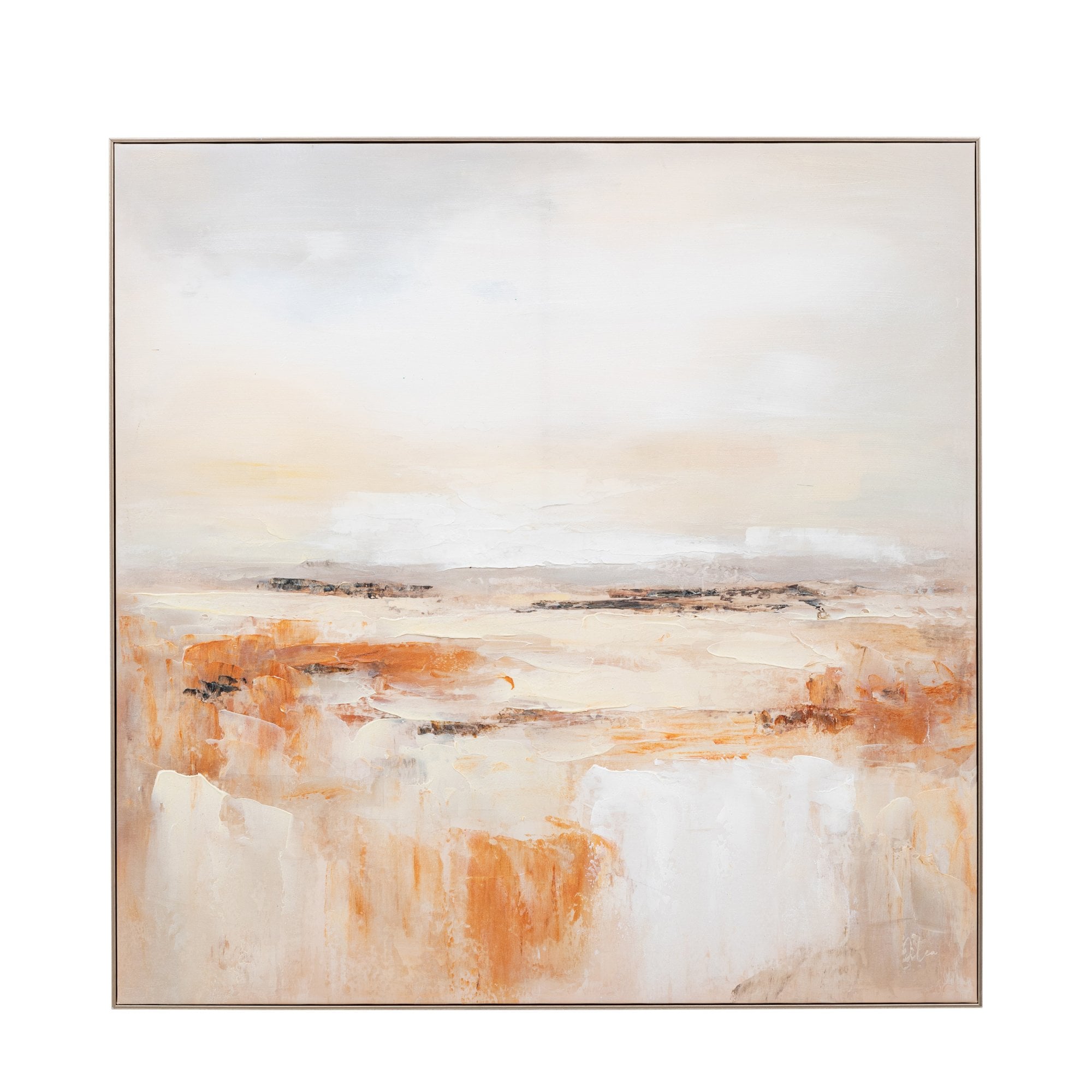 Abstract painting with white, grey, and ochre tones on a white background.