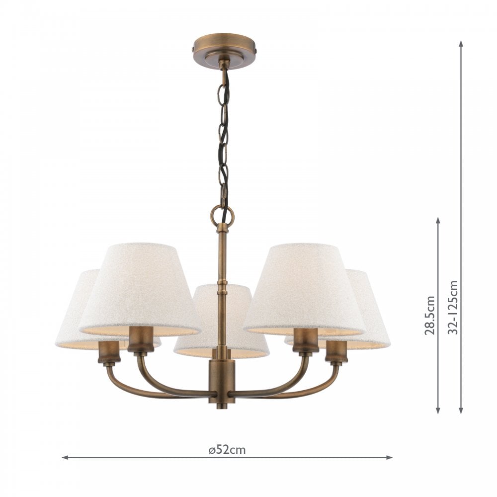 A five-light chandelier with dimensions and white shades on a white background.