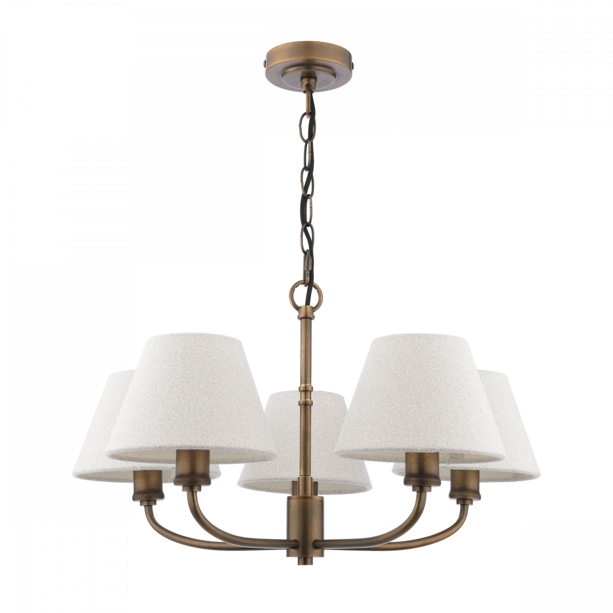 A five-light chandelier with textured off-white shades and an antique brass finish.