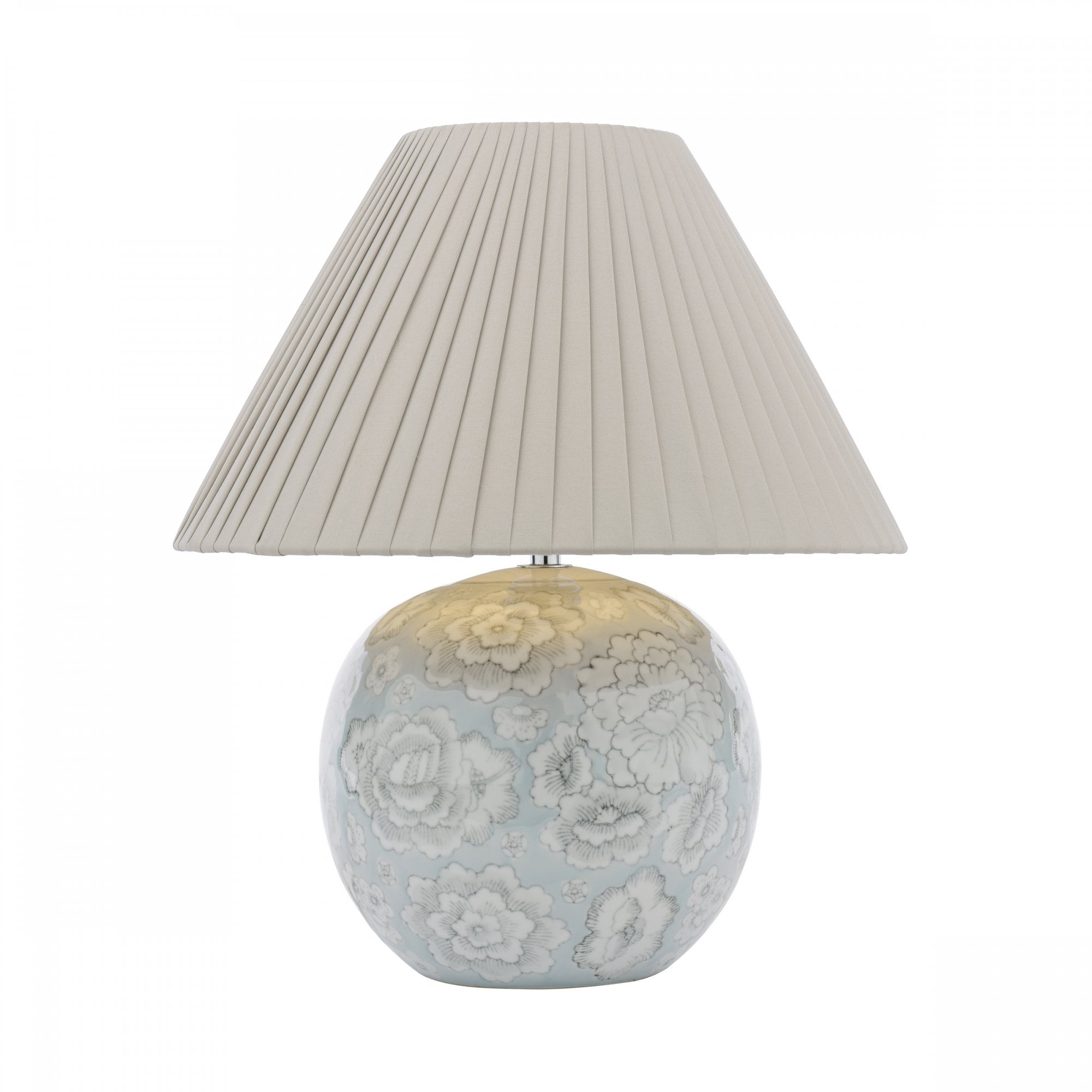 A floral globe lamp with a soft glow, adding warmth to a room.