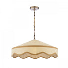 A hanging ceiling light with a cream-colored shade and a wavy trim, against a white background.