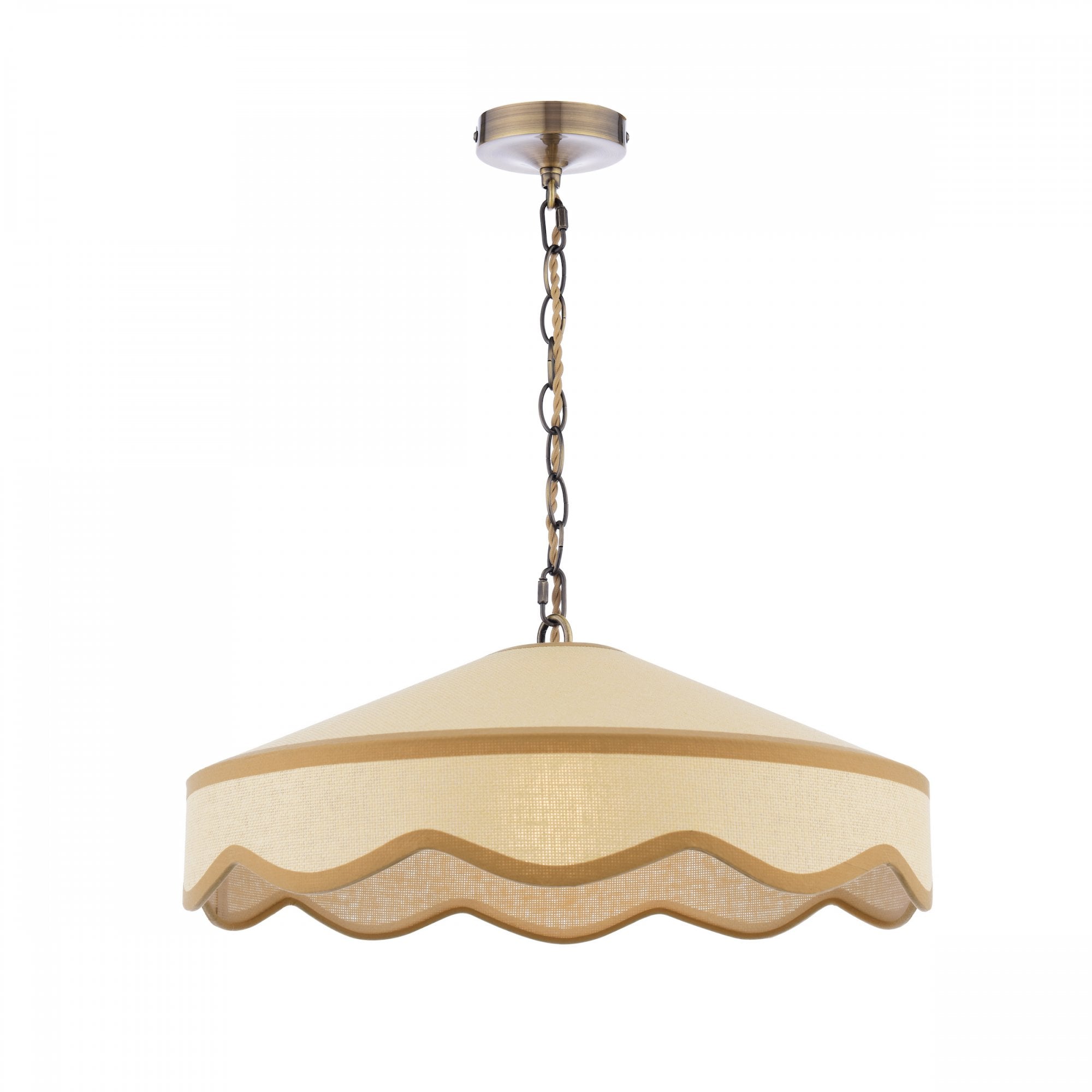 A hanging ceiling light with a cream-colored shade and a wavy trim, against a white background.