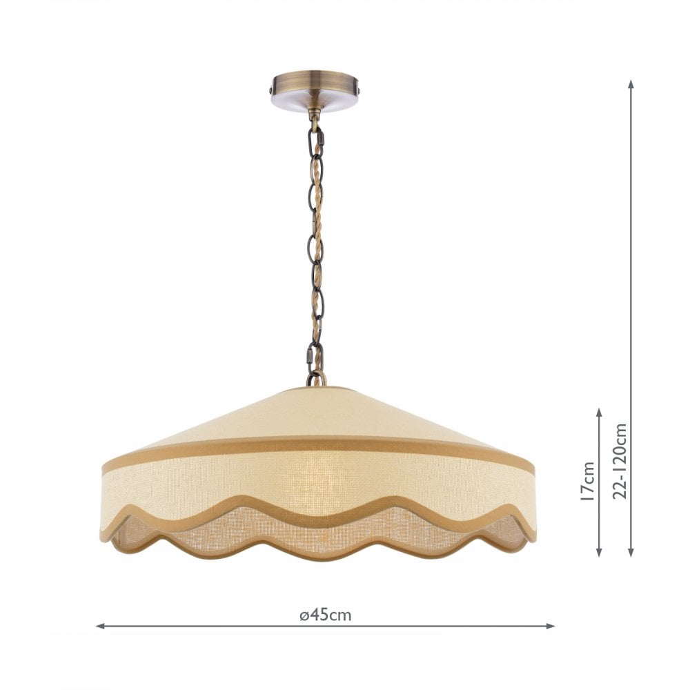 A cream-colored hanging ceiling light with a wavy trim, displaying its dimensions.