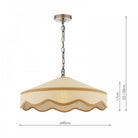 A cream-colored hanging ceiling light with a wavy trim, displaying its dimensions.