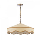 A hanging ceiling light with a cream-colored shade and a wavy trim, against a white background.