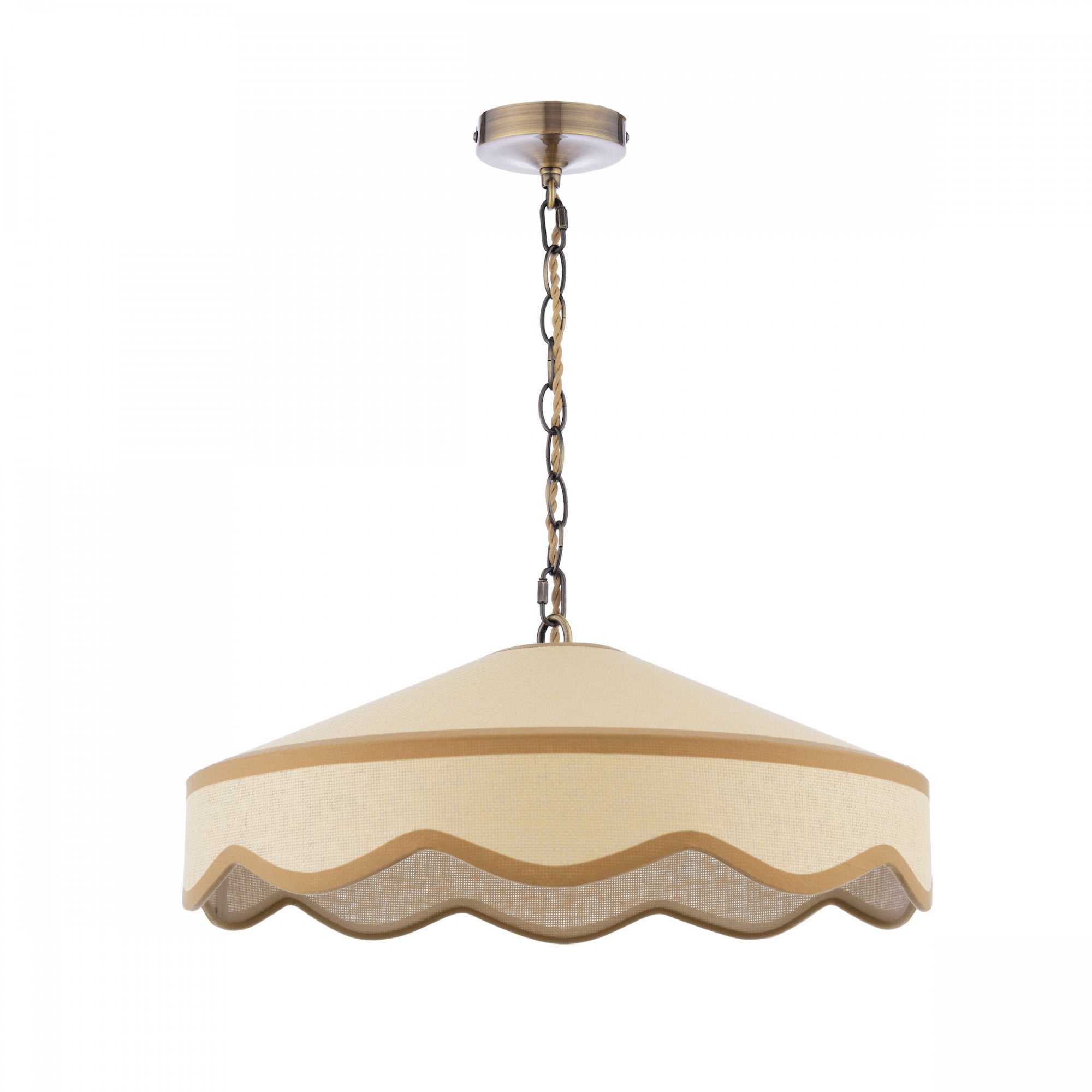 A hanging ceiling light with a cream-colored shade and a wavy trim, against a white background.
