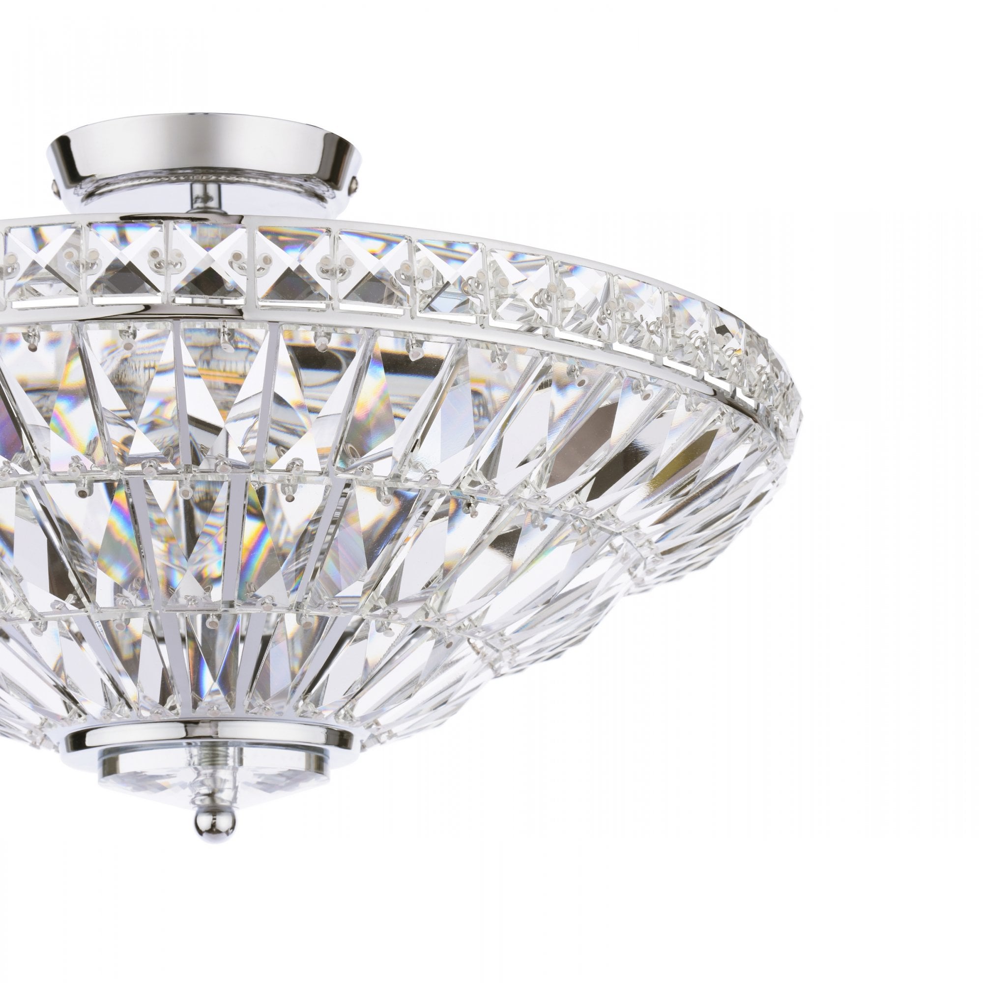 A partial view of a luxurious crystal ceiling light, highlighting its reflective qualities.