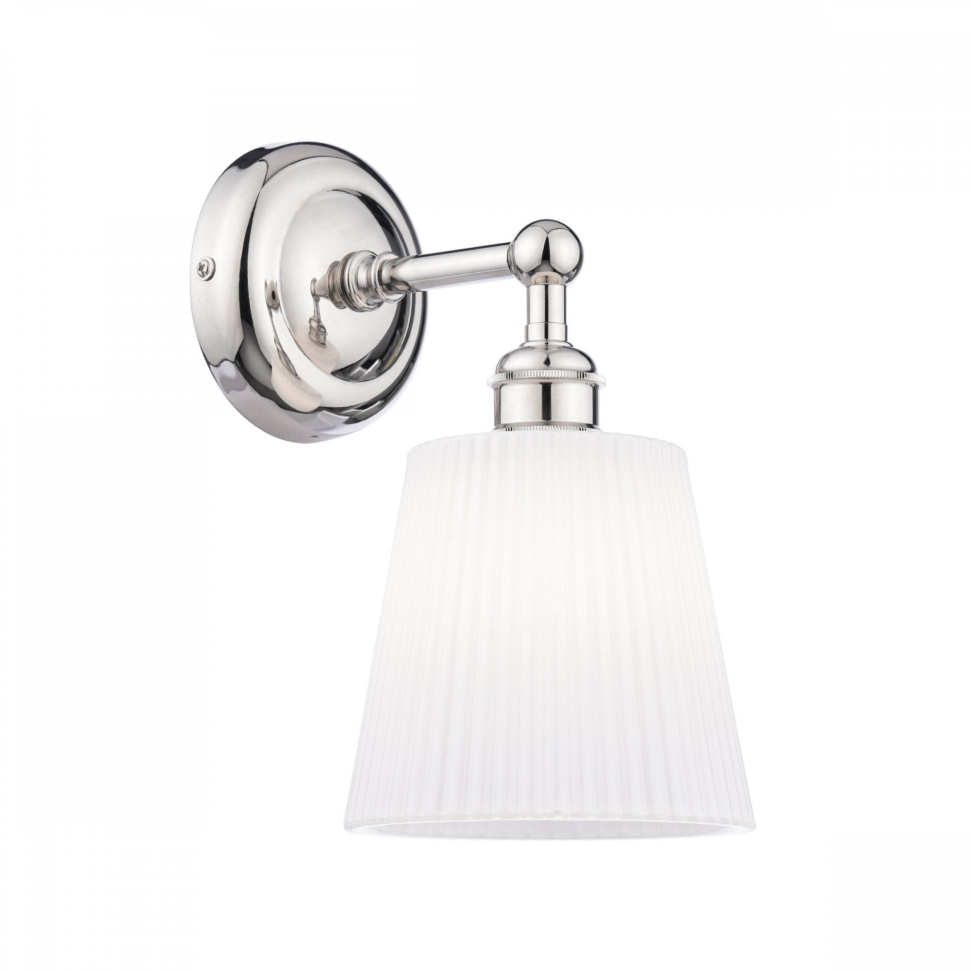 Polished nickel wall light with a white pleated shade, against a white background.