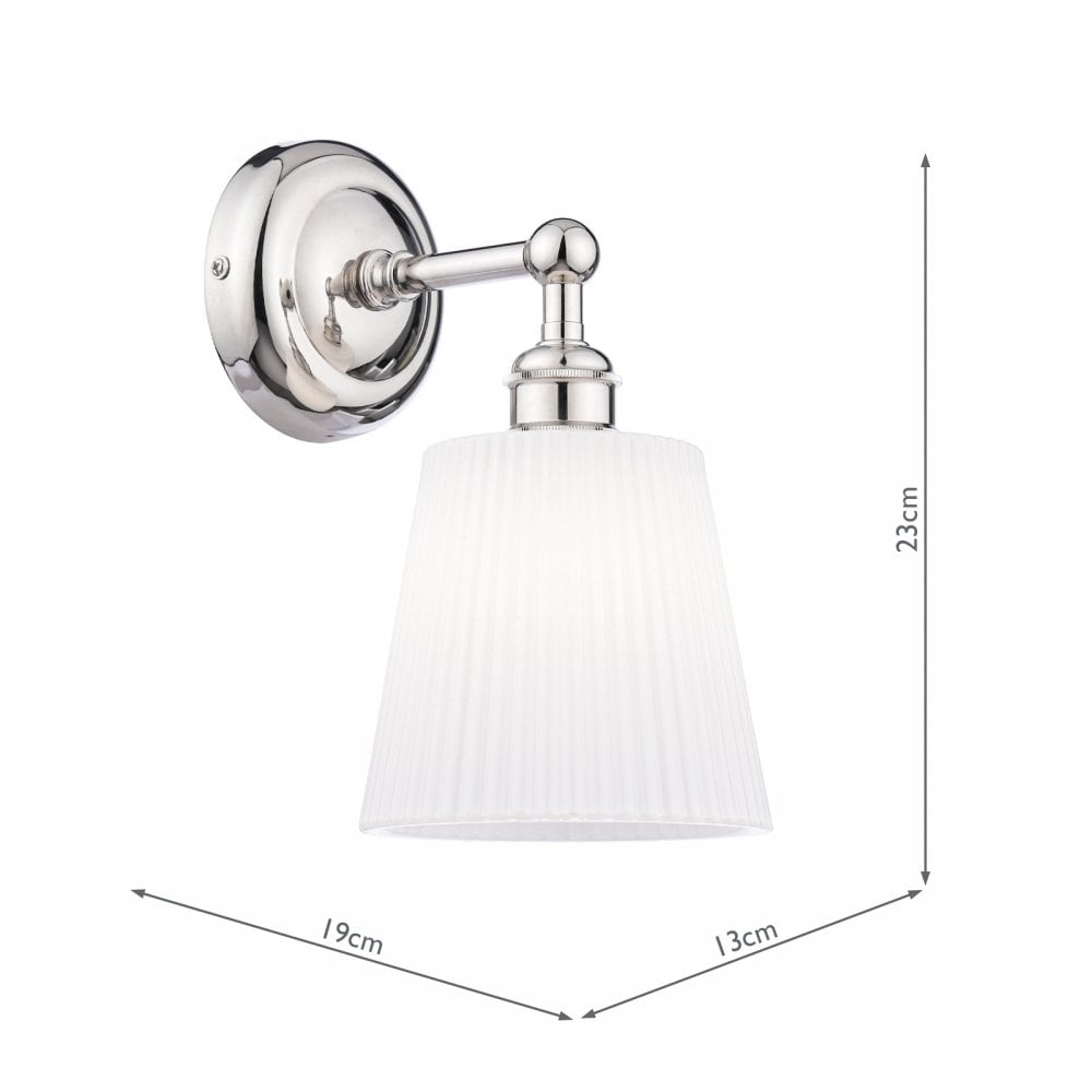 Polished nickel wall light with white pleated shade, showing dimensions of 19cm, 13cm, 23cm.