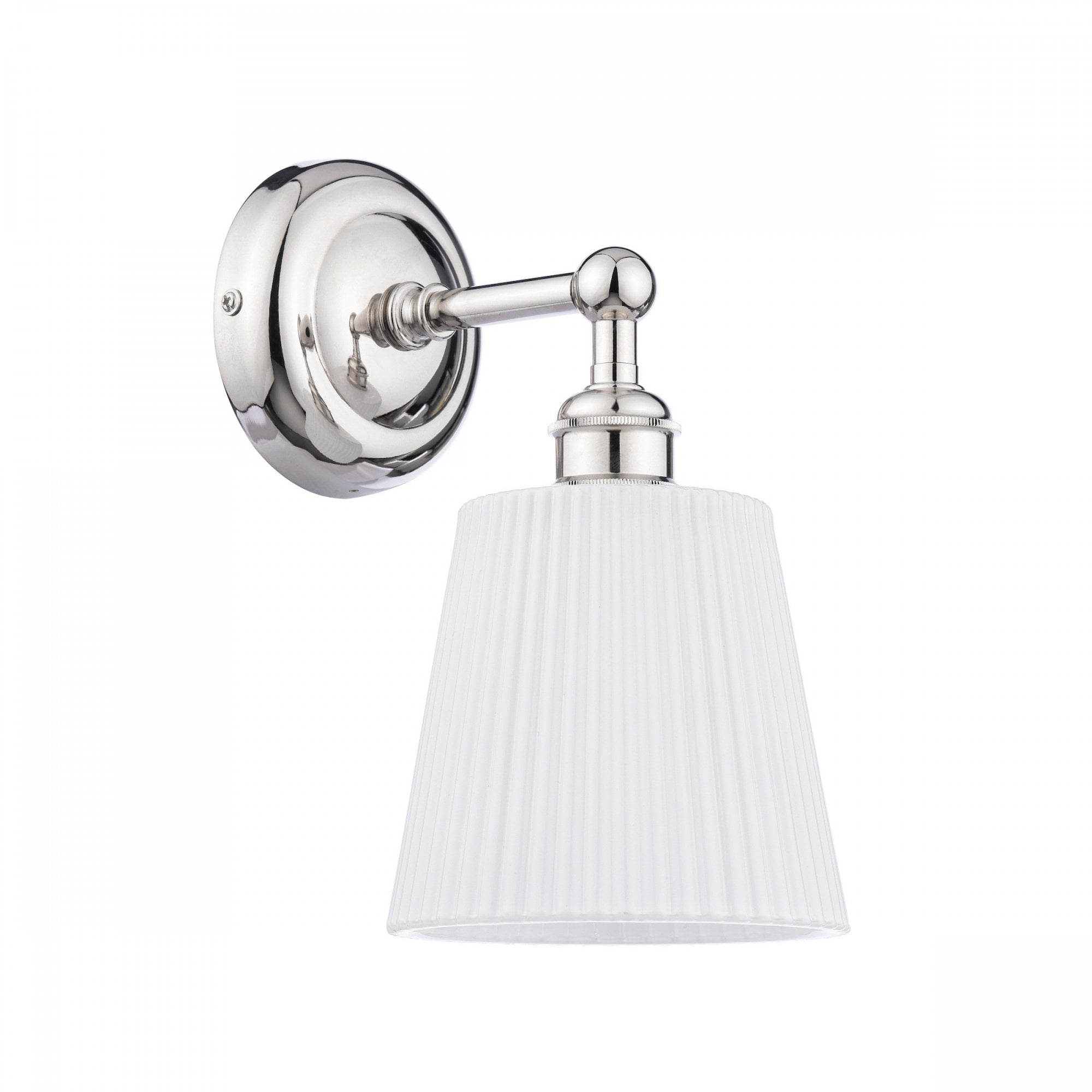 Polished nickel wall light with a white pleated shade, viewed from the front.