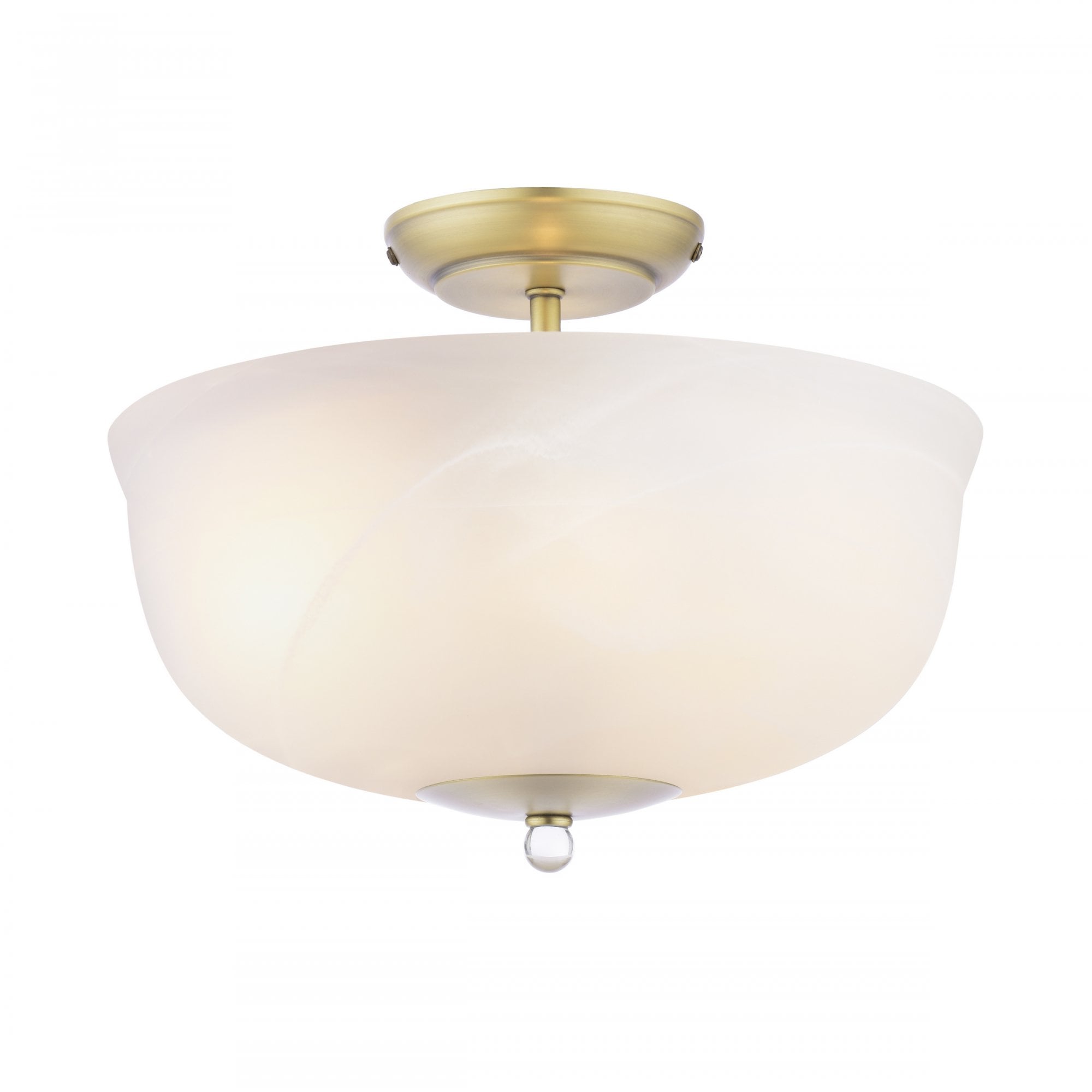 An illuminated semi-flush ceiling light with a brass base and a white marbled glass shade.