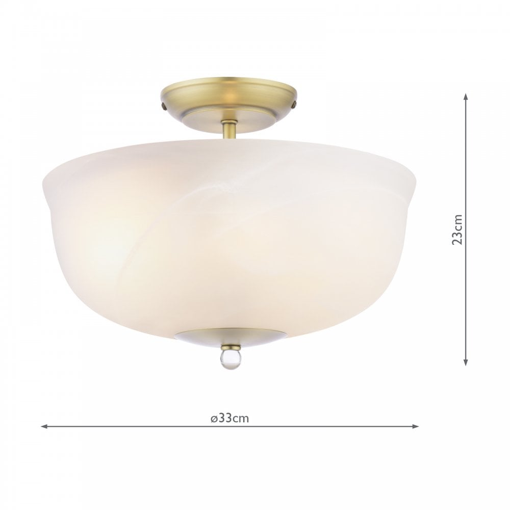 An illuminated semi-flush ceiling light with a brass base and a white marbled glass shade, with dimensions.