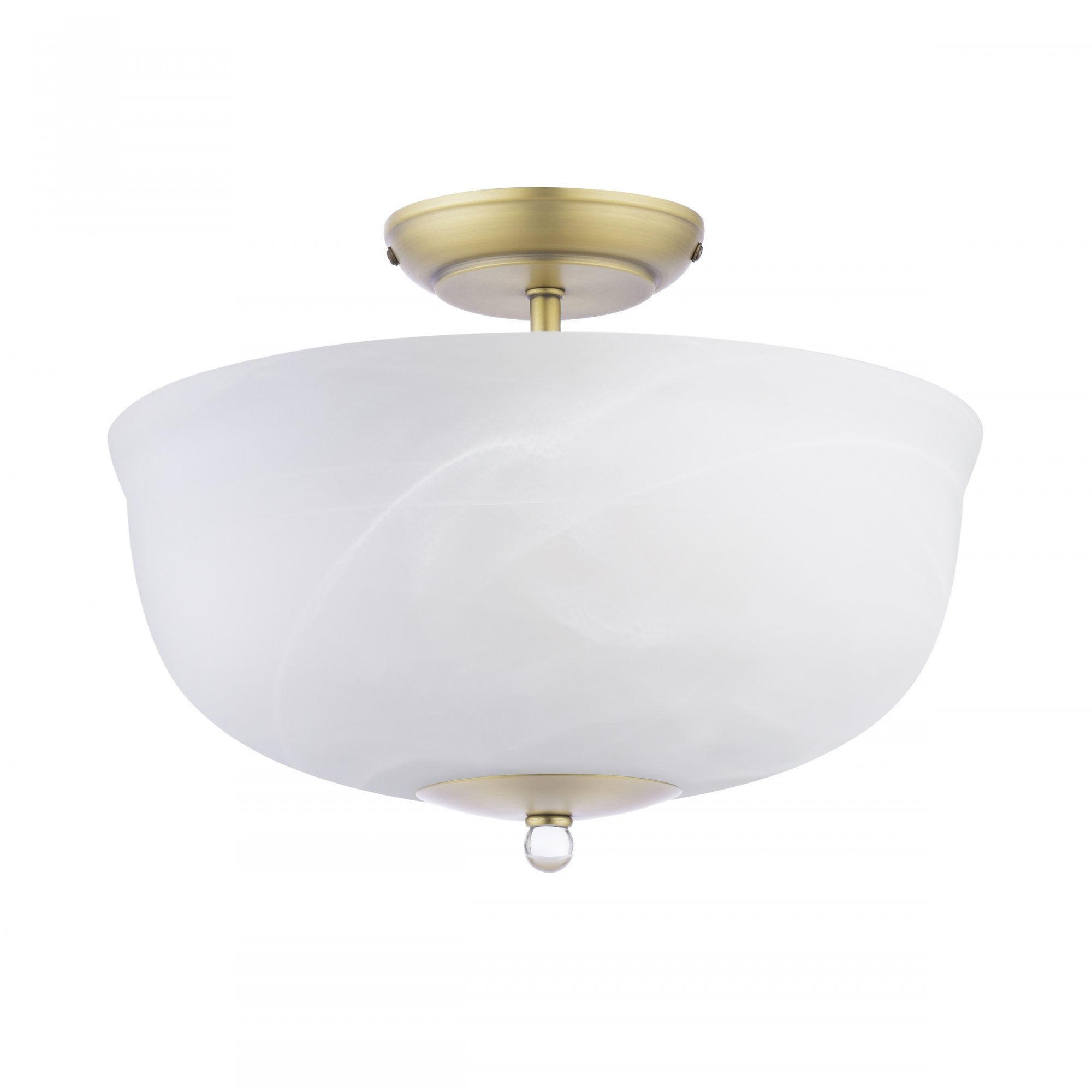 A semi-flush ceiling light with a brass base and a white marbled glass shade, unlit.