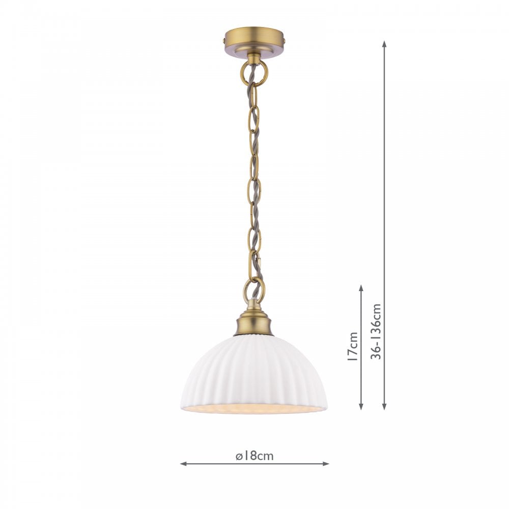 Dimensions of a white ribbed ceramic dome pendant light with a brass chain.