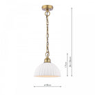 Dimensions of a white ribbed ceramic dome pendant light with a brass chain.