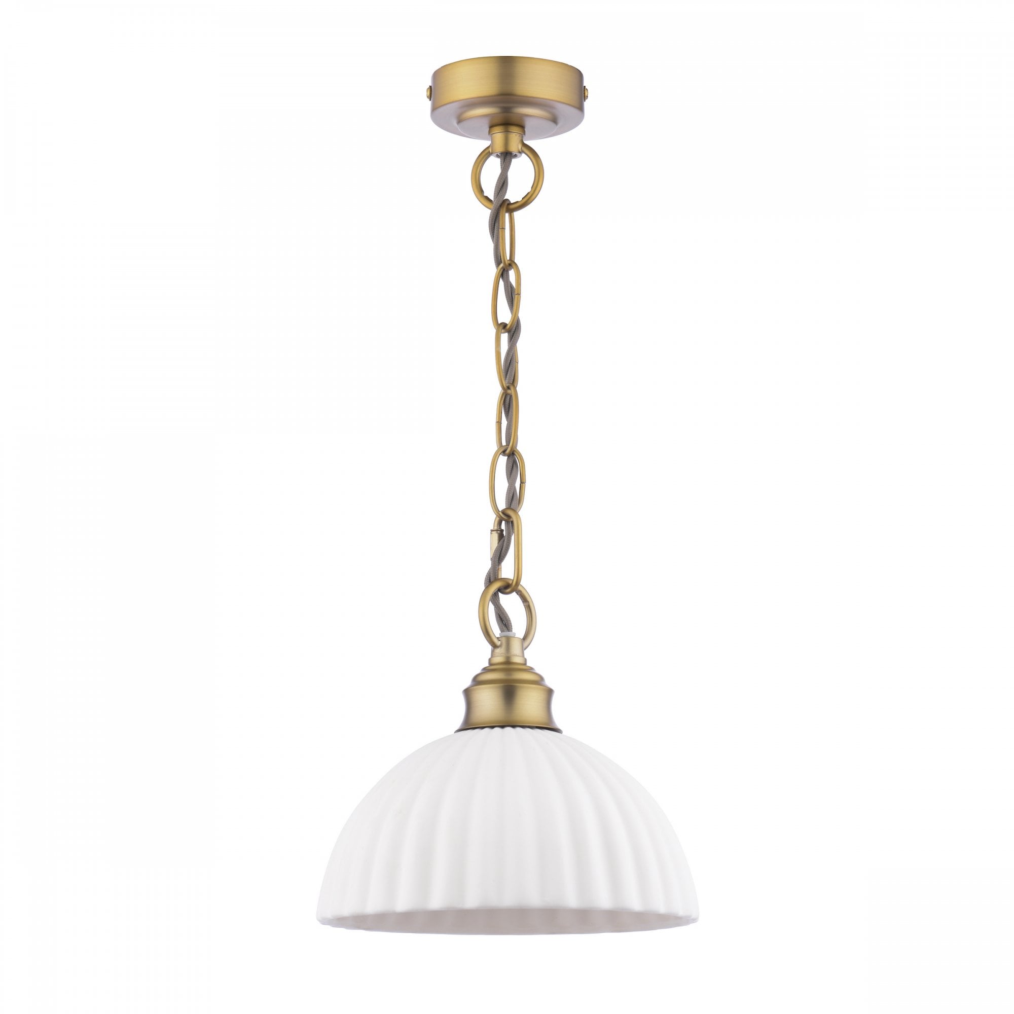 A white ribbed ceramic dome pendant light with a brass chain on a white background.