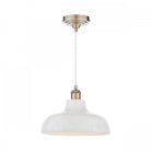 A white textured pendant light with a brass ceiling rose and bulb holder on a white background.