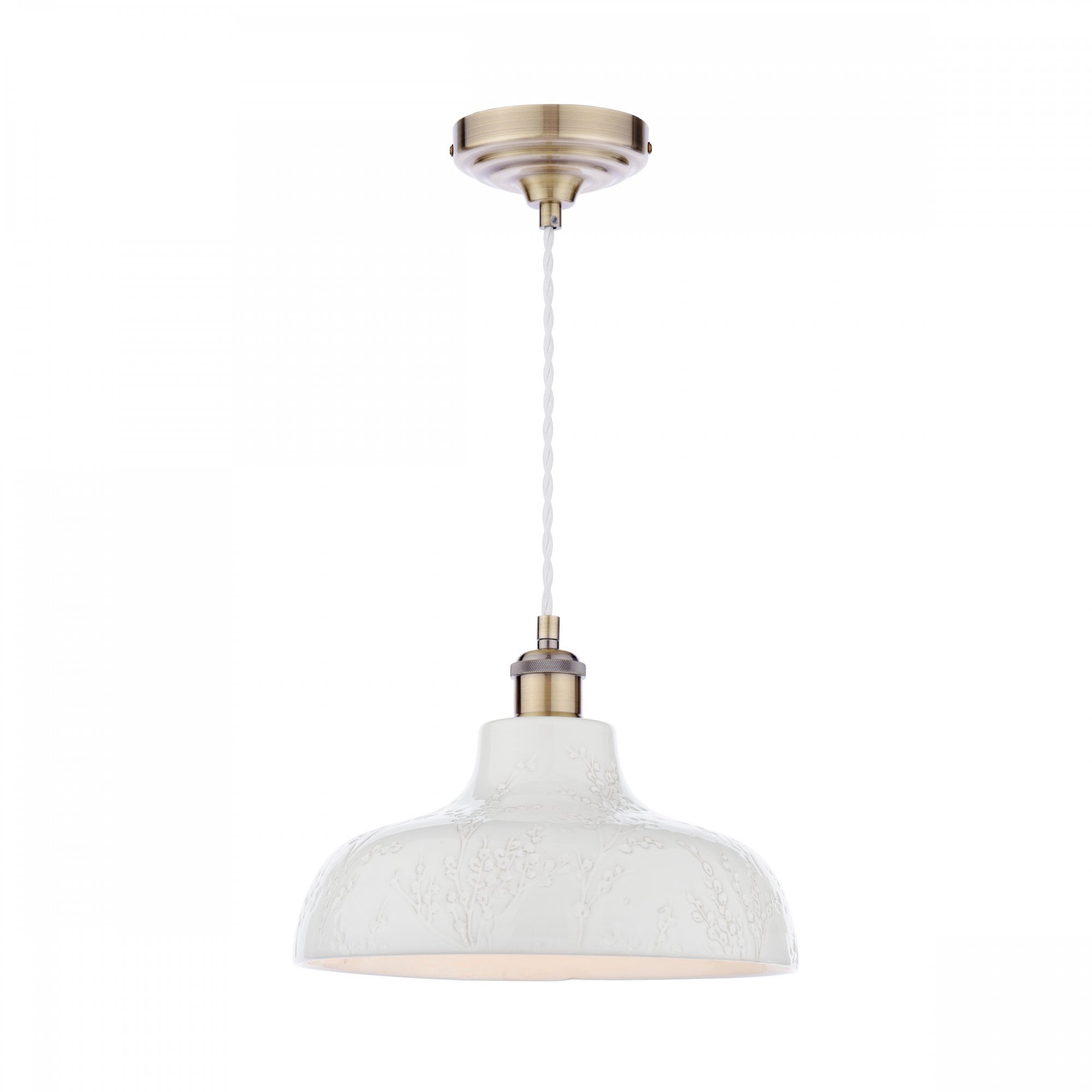A white textured pendant light with a brass ceiling rose and bulb holder on a white background.