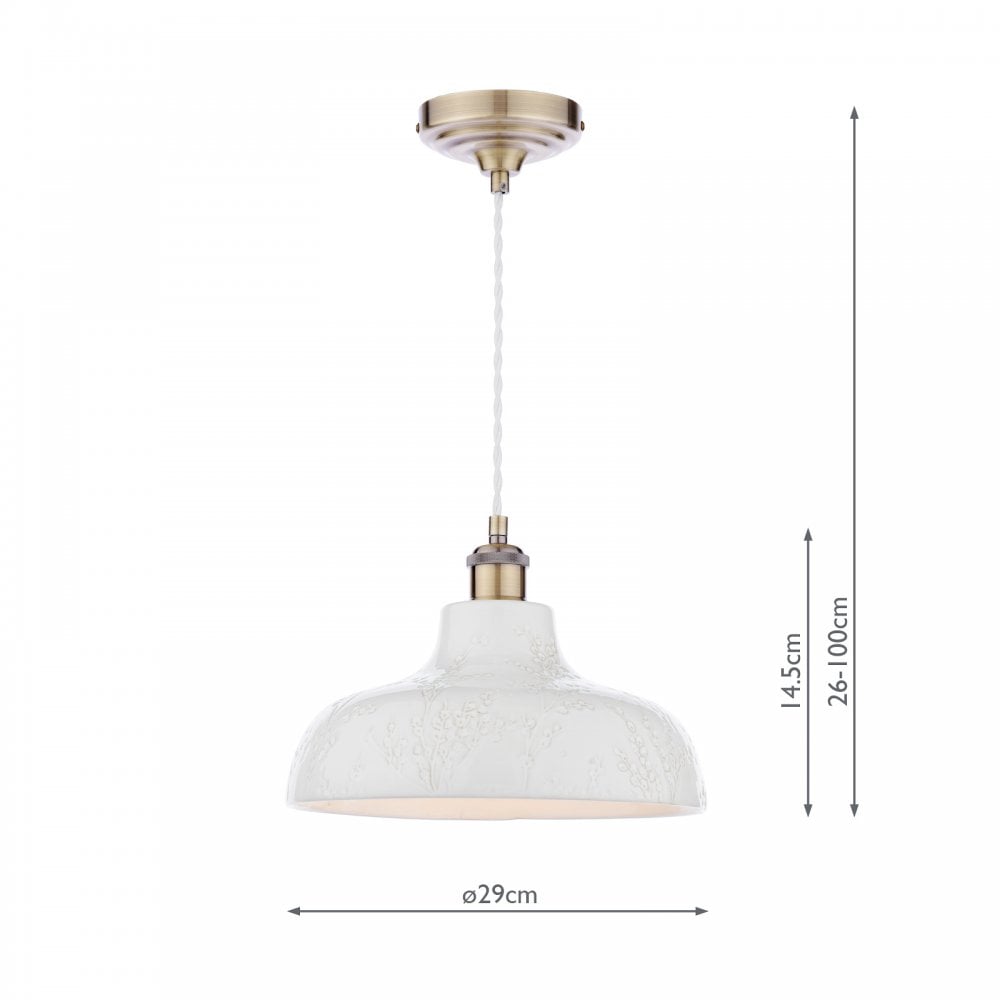 Diagram showing the dimensions of a white textured pendant light fixture.