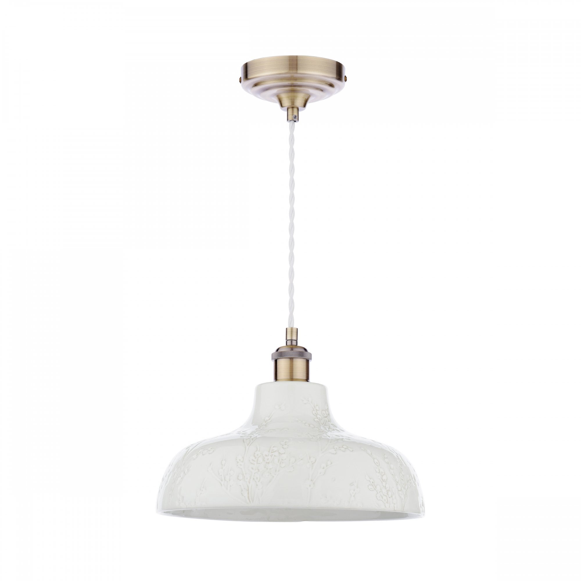 A white textured pendant light fixture with brass details, isolated on a white background.