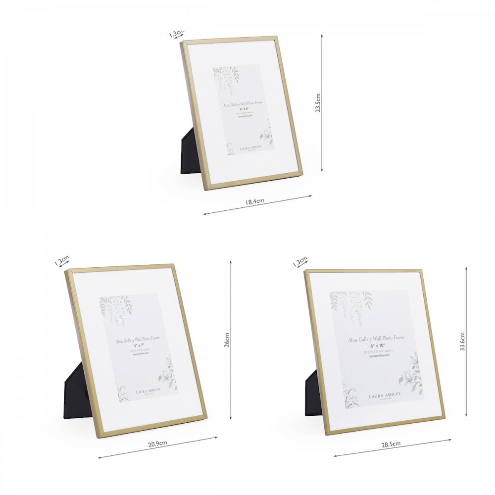 Three gold picture frames in different sizes with dimensions indicated, shown standing.