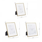 Three gold picture frames in different sizes with dimensions indicated, shown standing.