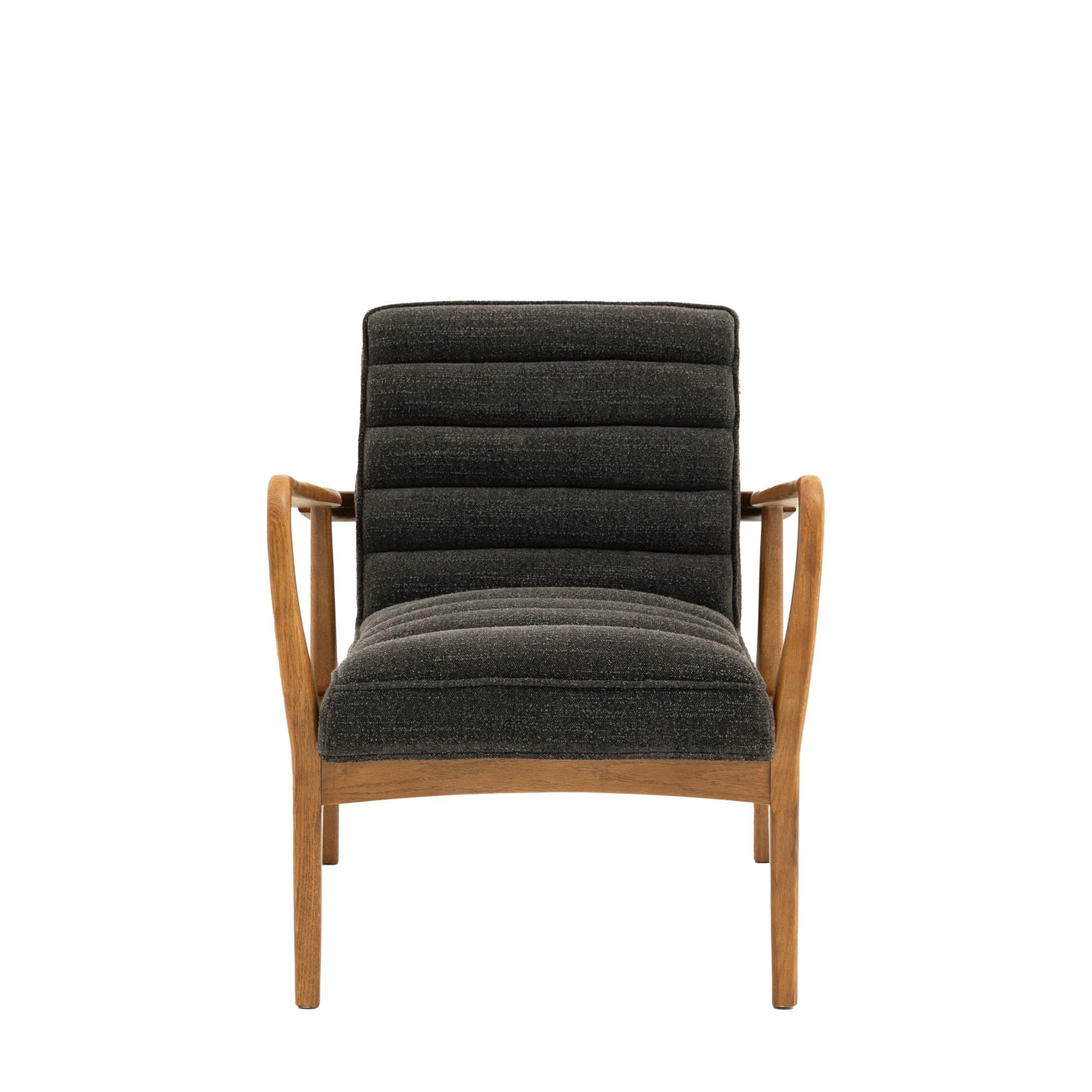 Front view of a gray upholstered armchair with a wooden frame.