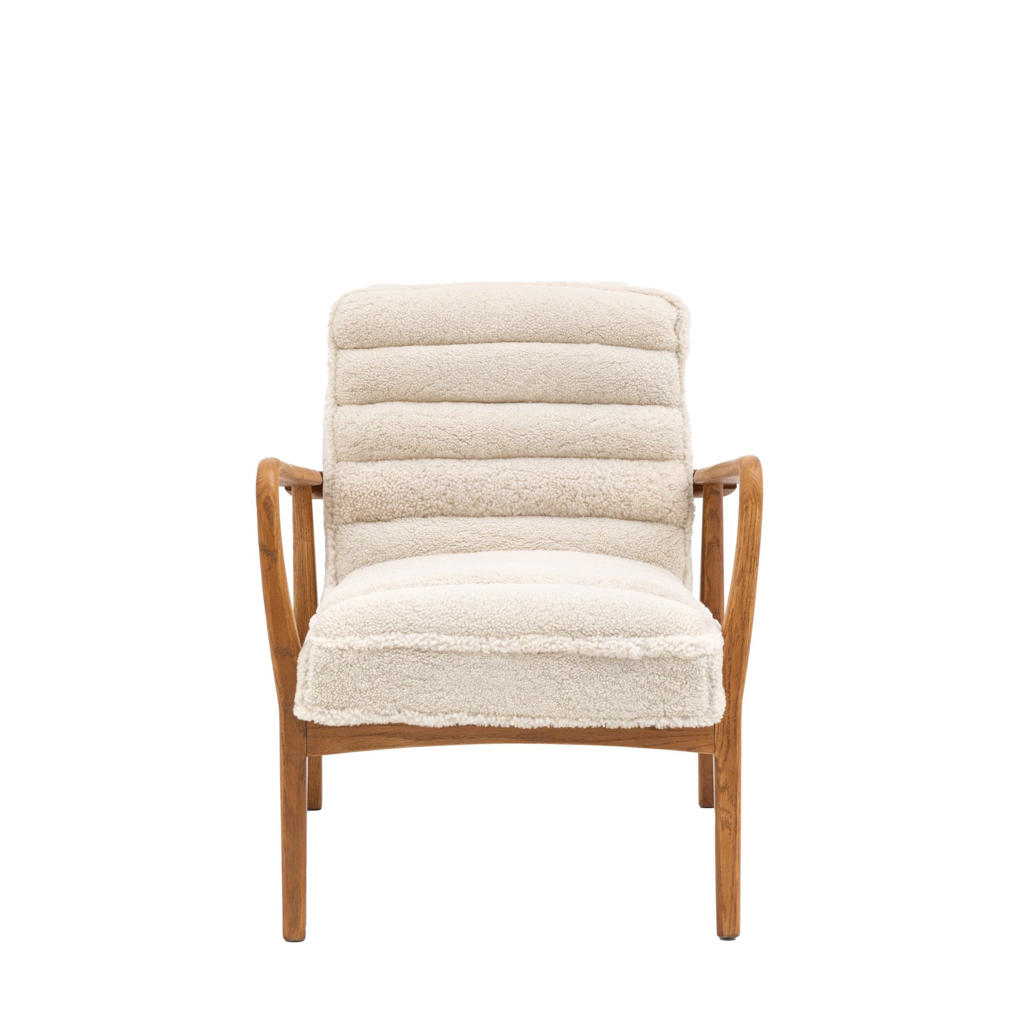 Front view of a cream-colored armchair with a wood frame and soft, horizontal cushions.