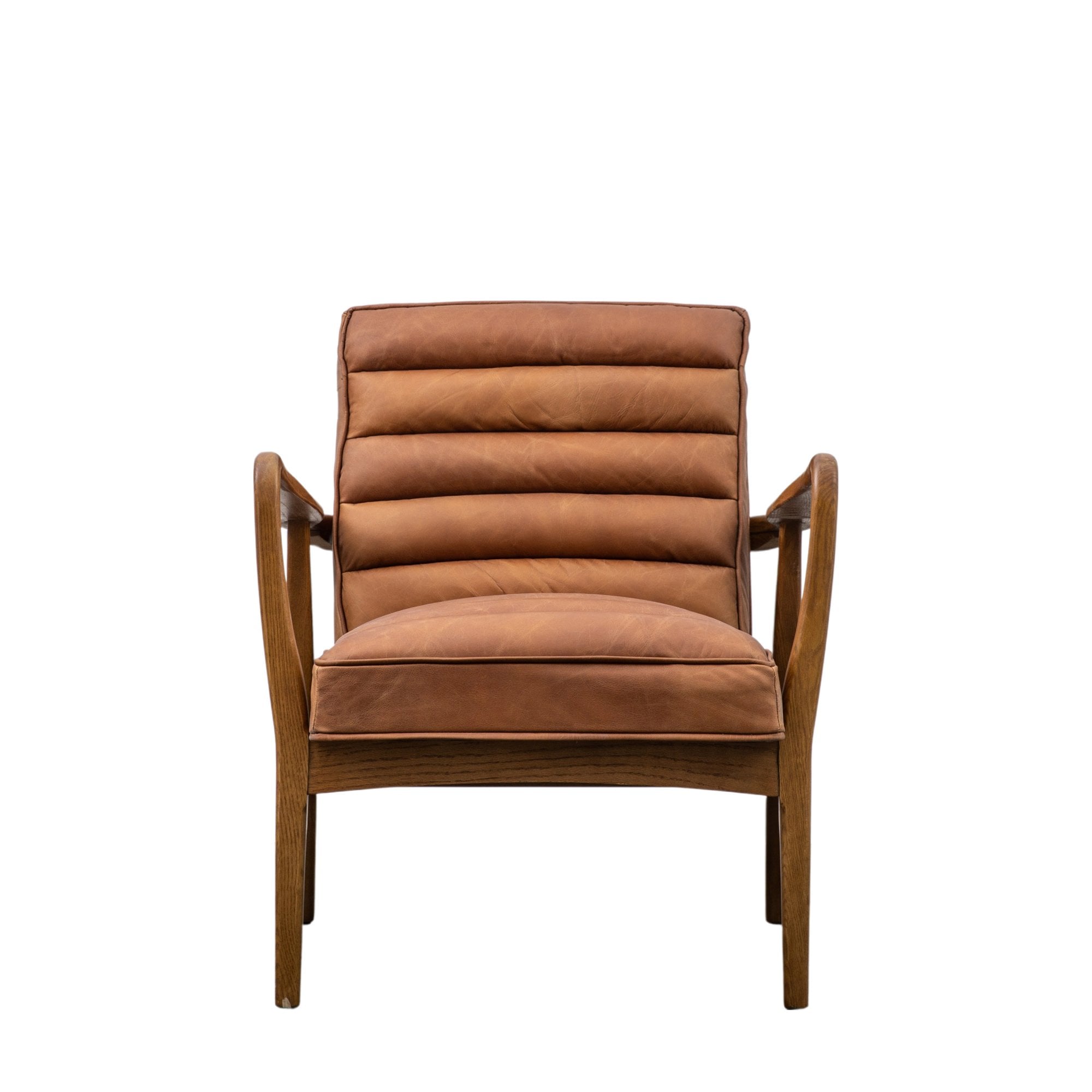 Front view of a brown leather armchair on a white background.