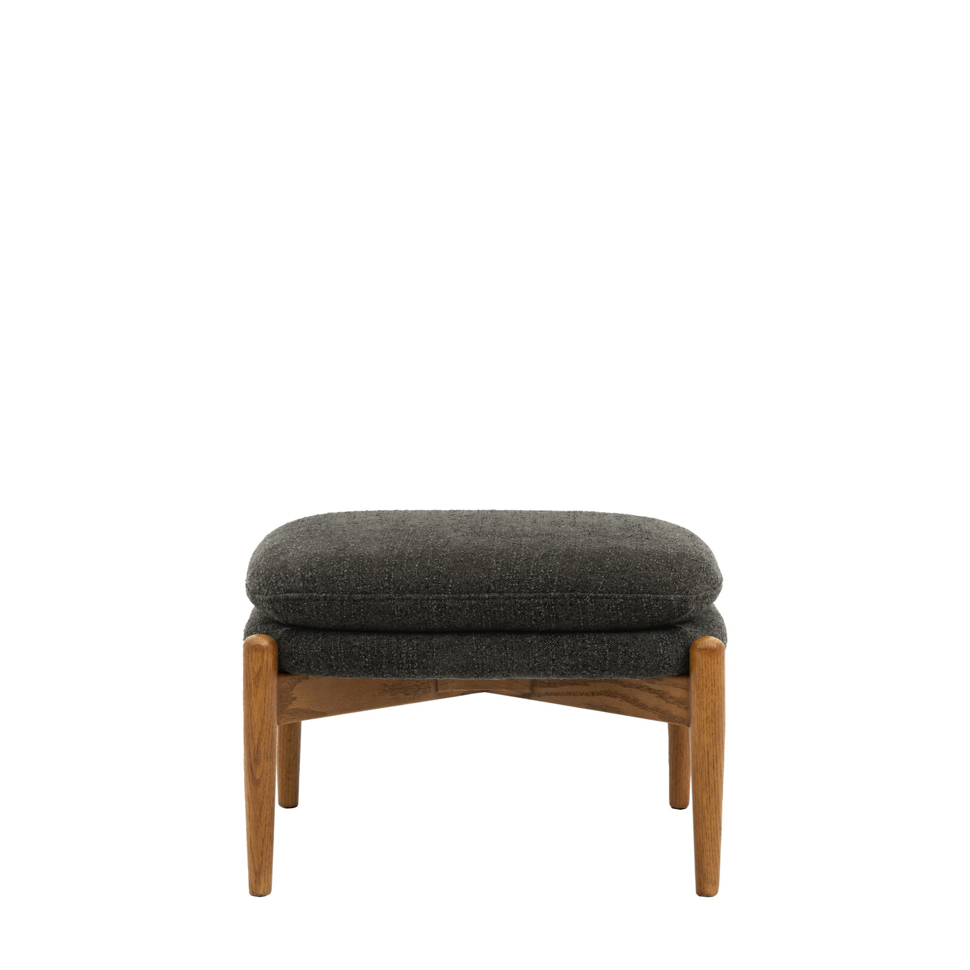 A mid-century modern ottoman with a grey upholstered cushion and wooden frame on white.