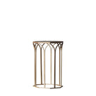A stylish bronze side table with an arched metal frame and a glass top on a white background.