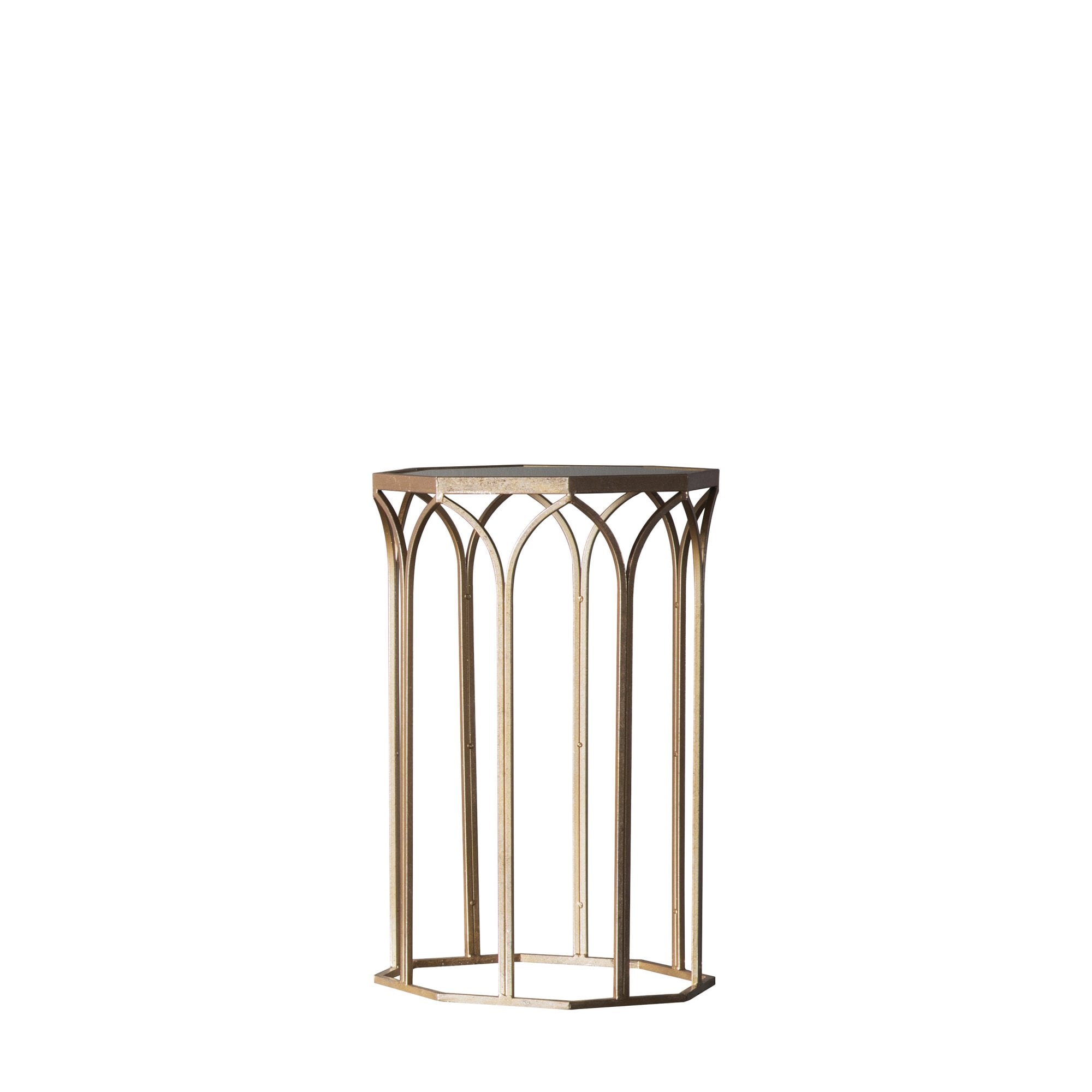A stylish bronze side table with an arched metal frame and a glass top on a white background.