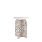 Angled view of the round marble side table with an arched base on a white background.