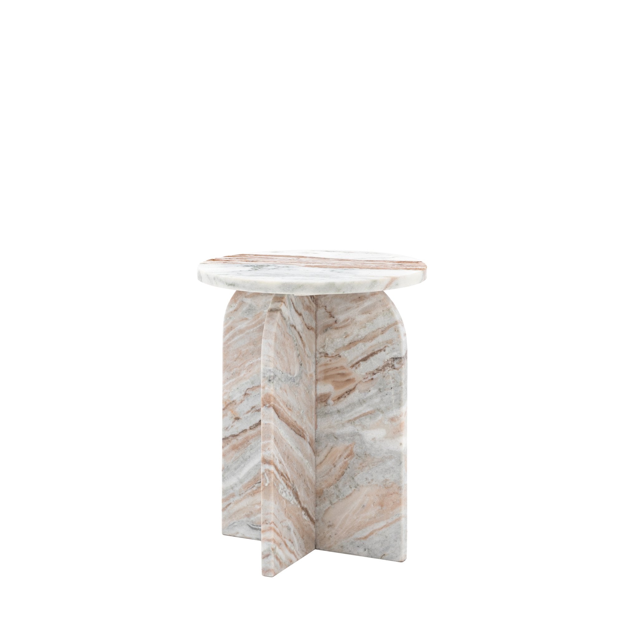 Angled view of the round marble side table with an arched base on a white background.