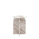 Side view of the round marble side table with an arched base on a white background.