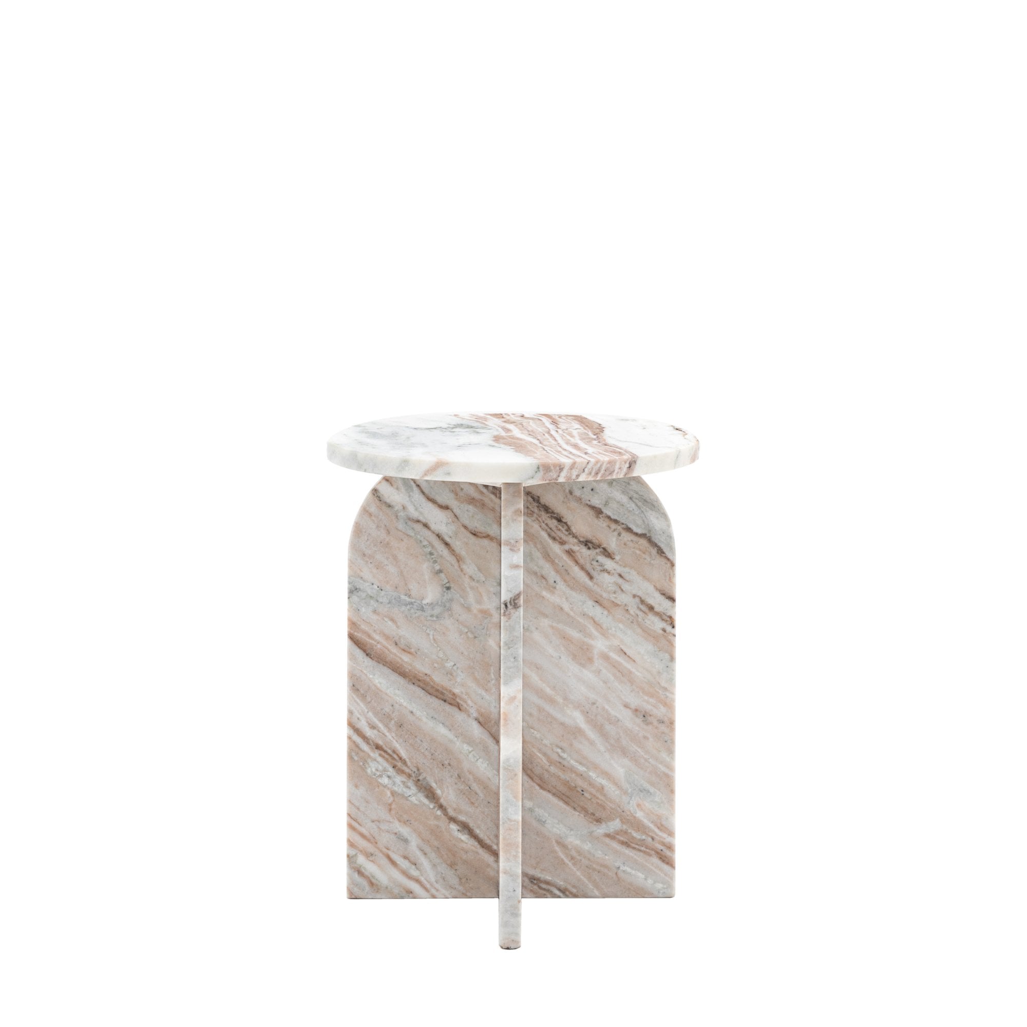 Side view of the round marble side table with an arched base on a white background.