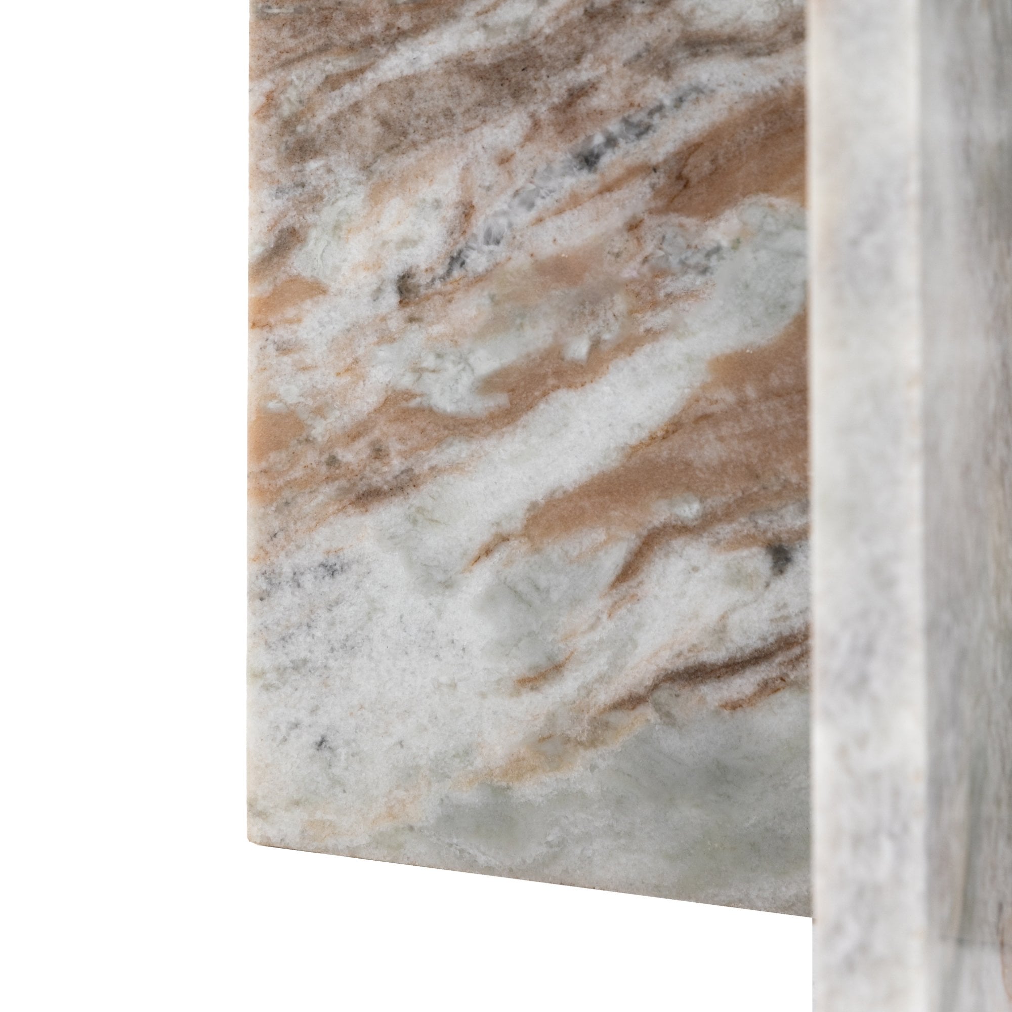 Detail of the marble table's surface, highlighting its natural brown and white patterns.